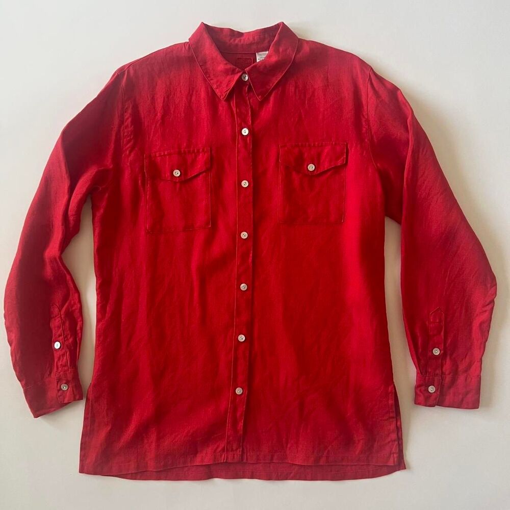 Chico’s Women's red linen button down Shirt with pockets